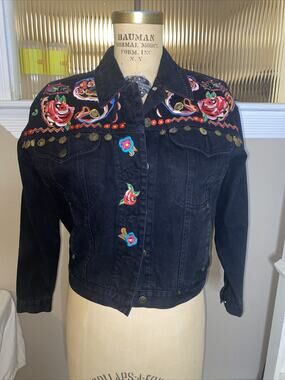 90s Carole Little Black Denim Embroidered Jacket Size 2 Small Embroidery